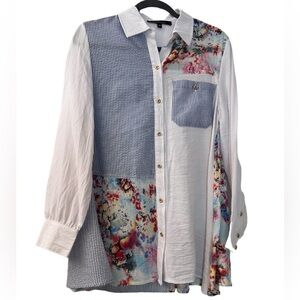 Caleoas Women’s Patchwork Button-Down Shirt Floral and Striped Design, Size M